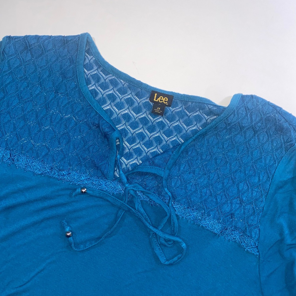 Lee Womens Teal Blue Lace Inset Tie Neck Tunic Top Plus Size 2X